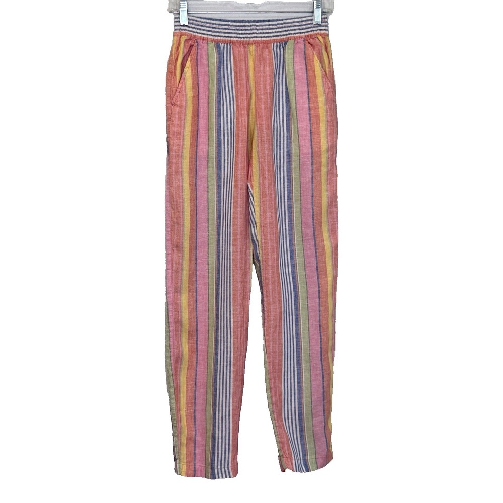 C&C California Pants Womens Size XS Multicolor Stripe 100% Linen Pull On Pockets